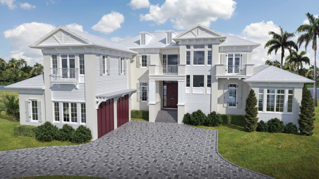Rendering of Longboat Key Seaside Residence, a two-story coastal home with white siding, shutters, balconies and a paver drive