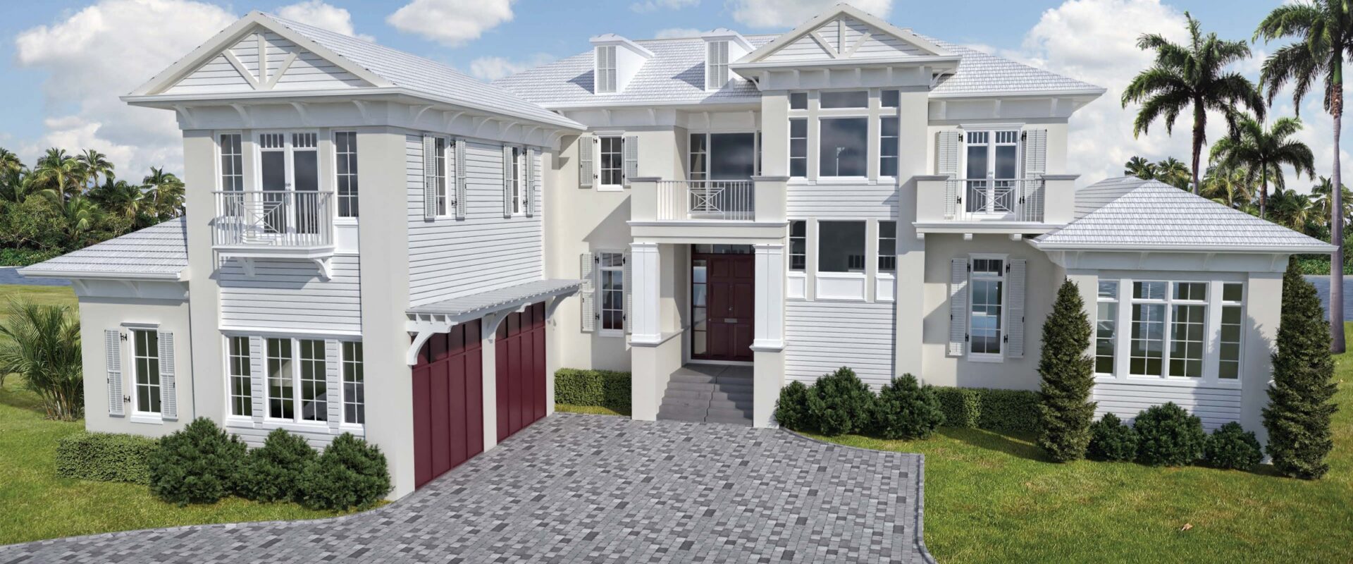 Rendering of Longboat Key Seaside Residence, a two-story coastal home with white siding, shutters, balconies and a paver drive