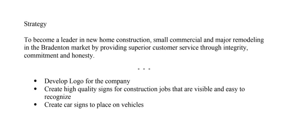 Excerpt from the 2007 Ross Built business plan: the strategy, and tactics calling for a logo, job site signs and vehicle signs