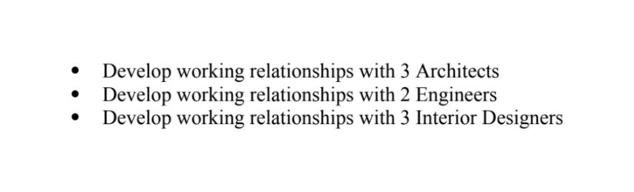 Excerpt from the 2008 Ross Built business plan: develop working relationships with architects, engineers and interior designers