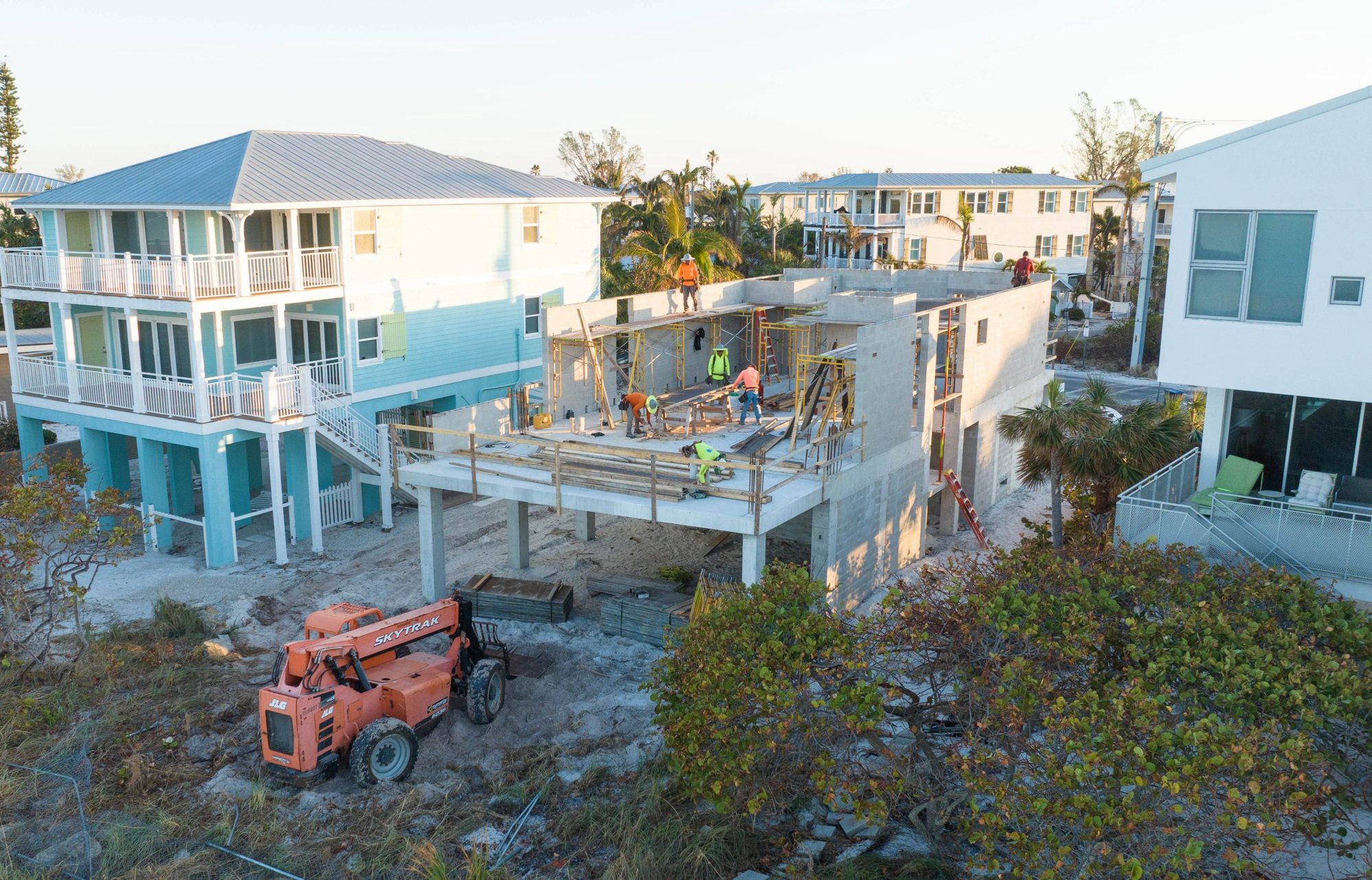 Aerial view from the dunes of the raised concrete structure under construction