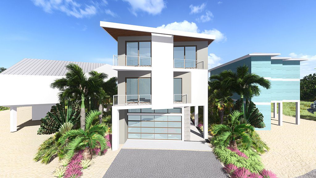 Rendering of Seagrape from the street, a three-level modern home on Anna Maria Island