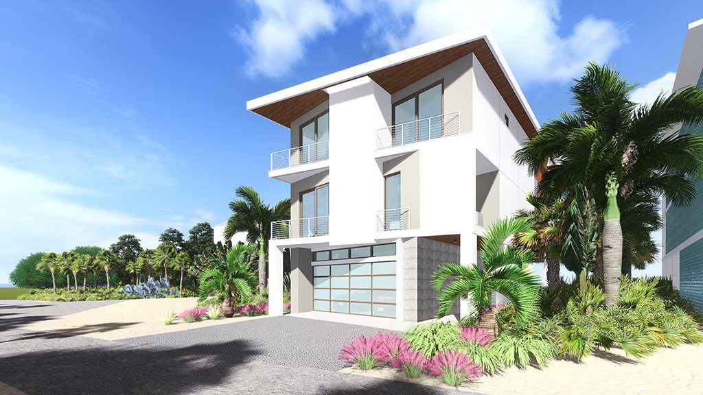 Rendering of Seagrape from the corner, showing the garage level, balconies and native planting