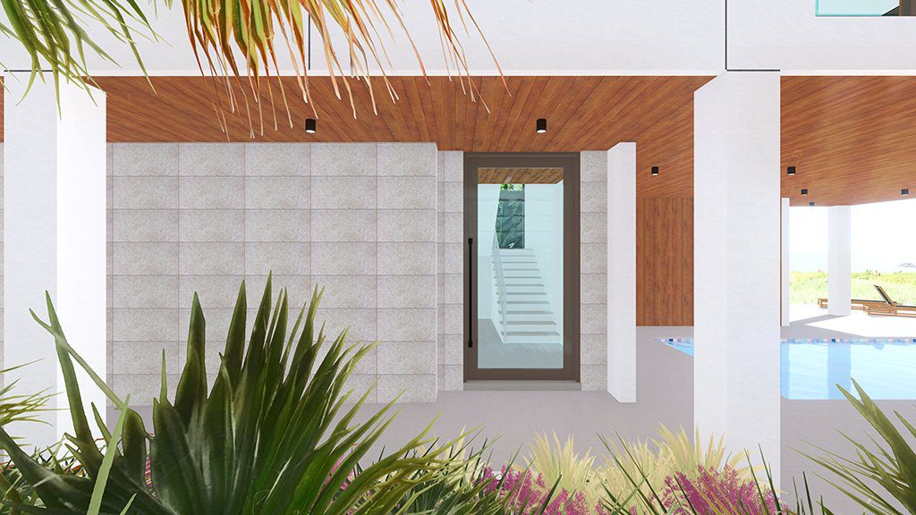 Rendering of the entry at Seagrape with wood soffits and a glass door