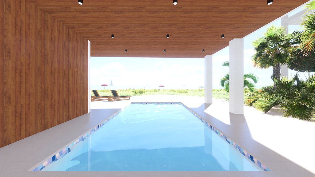 Rendering of the covered pool terrace at Seagrape looking toward the dunes