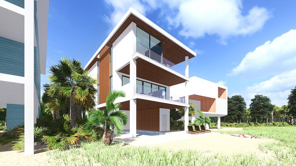 Rendering of Seagrape from the dune side with stacked balconies and wood accents
