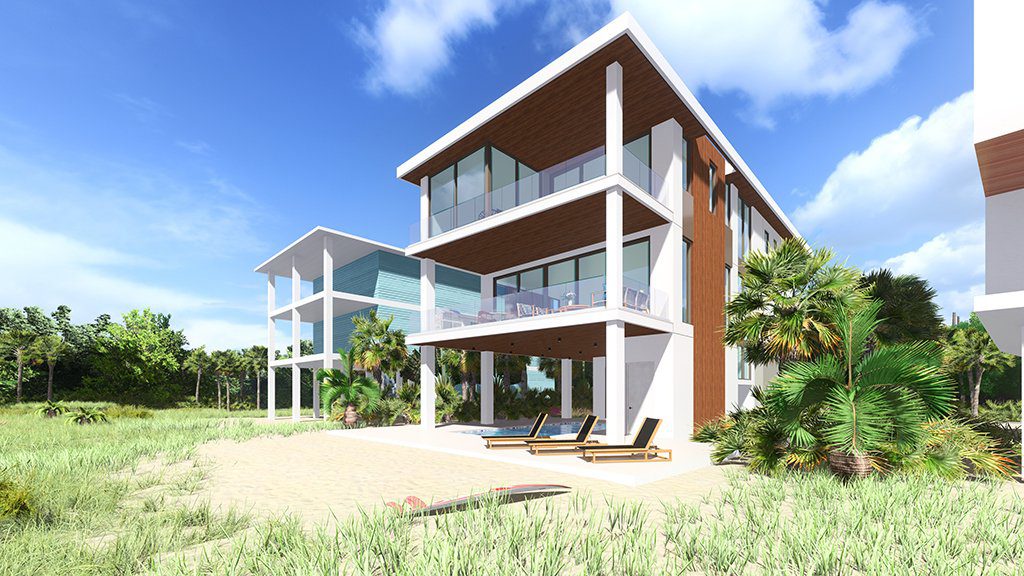 Rendering of the rear of Seagrape with its pool terrace and balconies