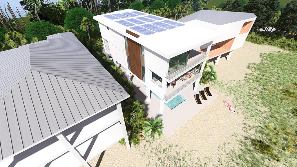 Aerial rendering of Seagrape showing the roof, solar panels and pool