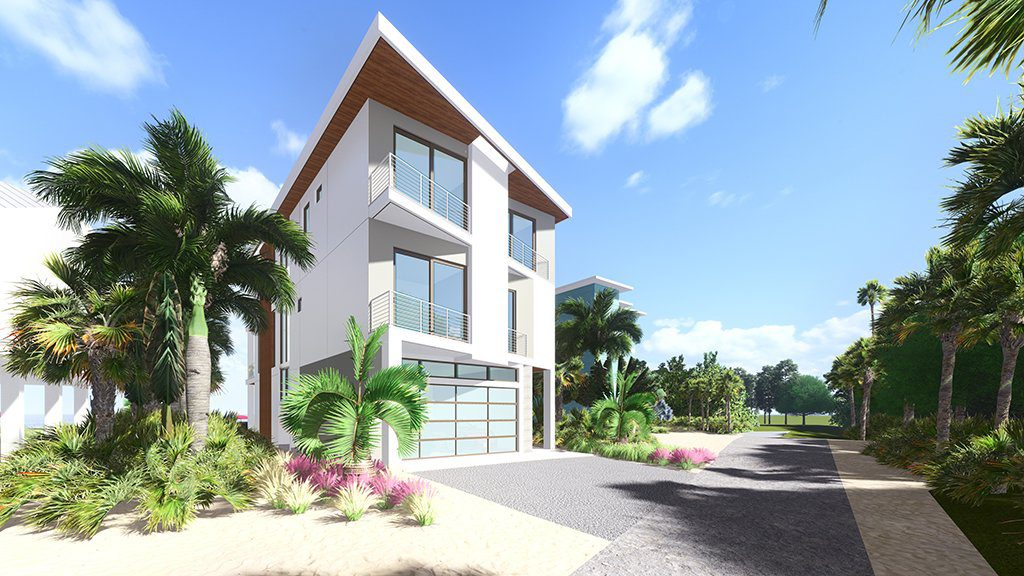 Rendering of Seagrape from the lane with the garage level and palms