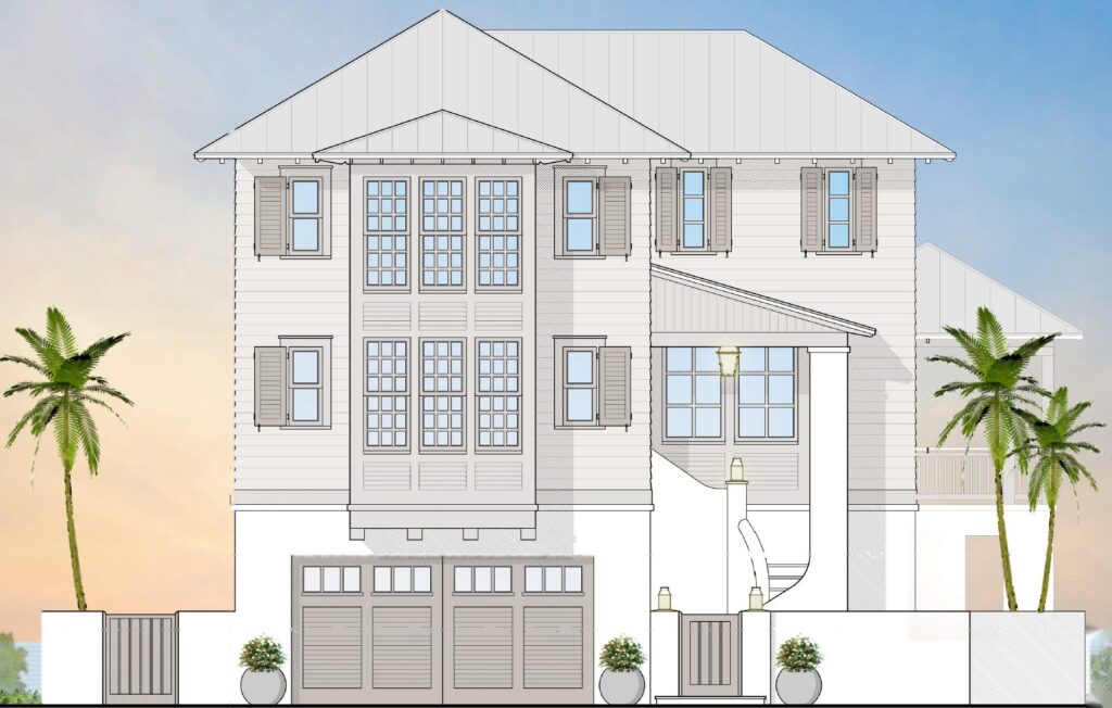 Front elevation rendering of Seasong Residence, a raised coastal home with a metal roof, shutters and a two-car garage, by Cooper Johnson Smith Peterson Architects