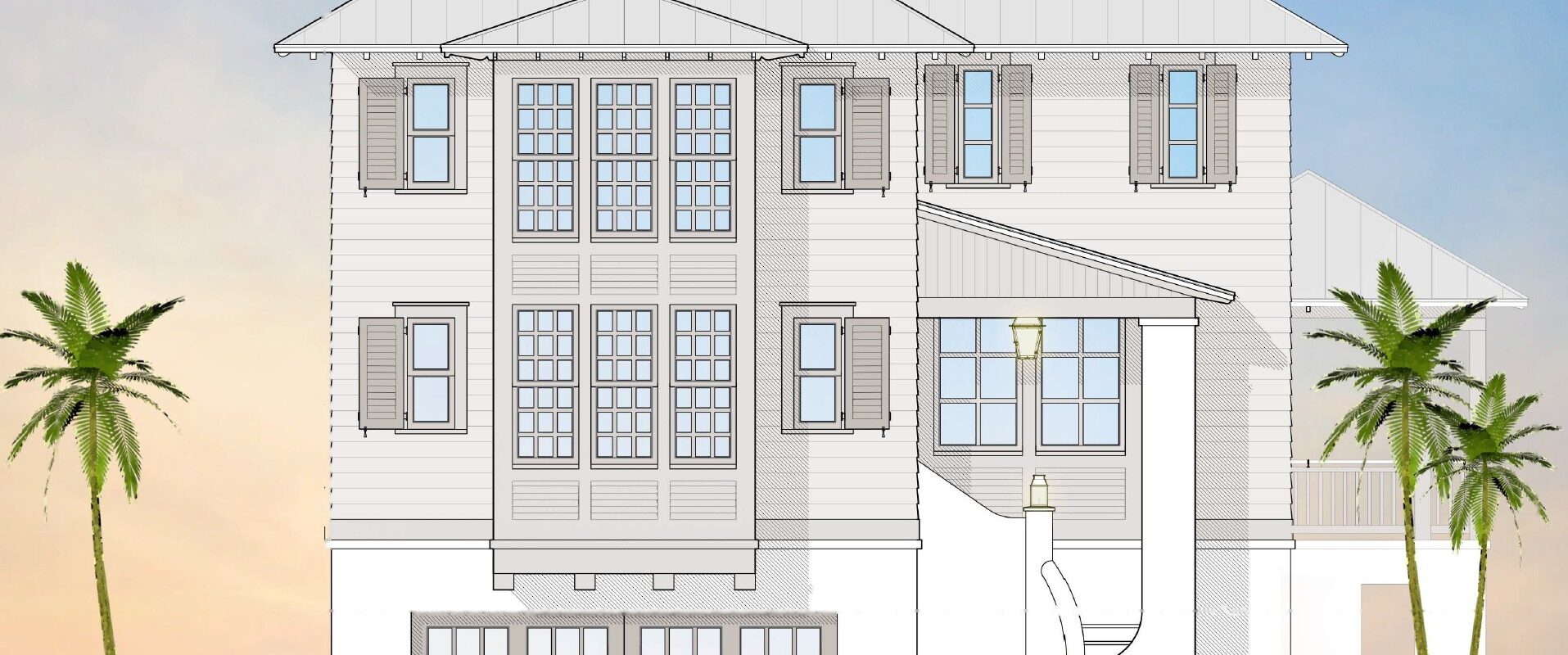 Front elevation rendering of Seasong Residence, a raised coastal home with a metal roof, shutters and a two-car garage, by Cooper Johnson Smith Peterson Architects