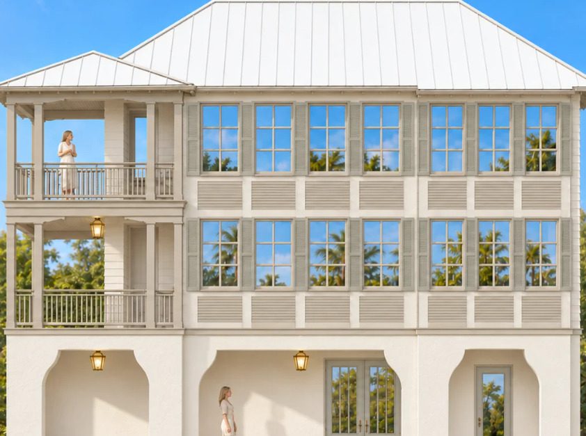 Concept rendering of Seasong Residence in Anna Maria: two levels of covered porches beside a wall of shuttered windows, over an arched ground level