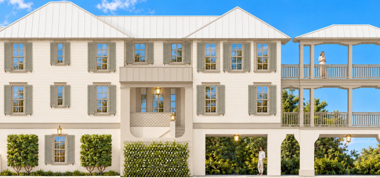 Concept rendering of Seasong Residence in Anna Maria: the long elevation in cream siding with gray-green shutters, a covered entry stair, and two-story porches at one end