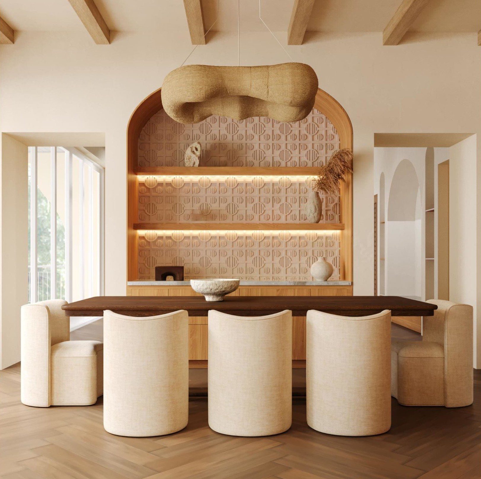 Concept rendering of the dining room at Siesta Key Beachfront with an arched, lit display niche, by Sagrada Studio