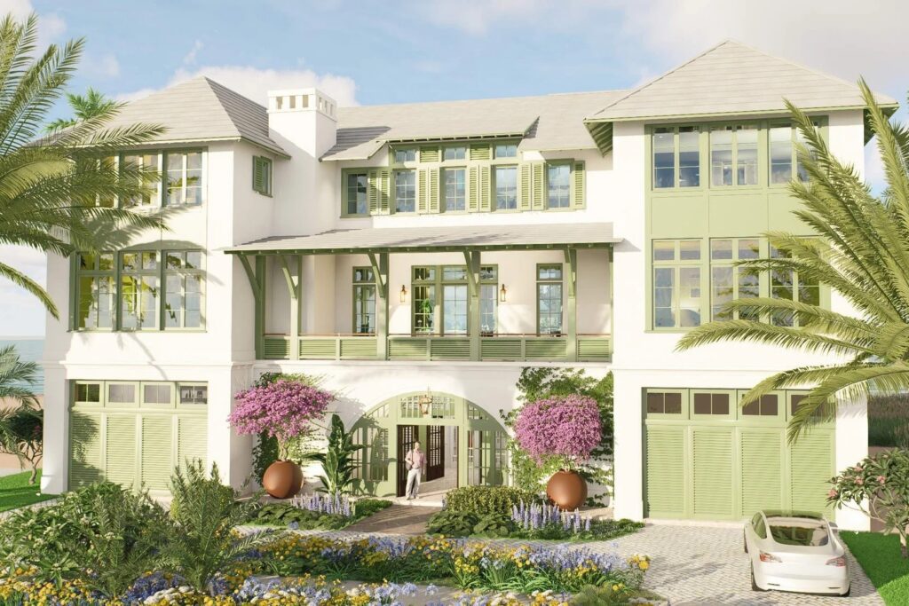 Rendering of the street front of Siesta Key Beachfront, a three-story white coastal home with green trim, an arched entry and two garages