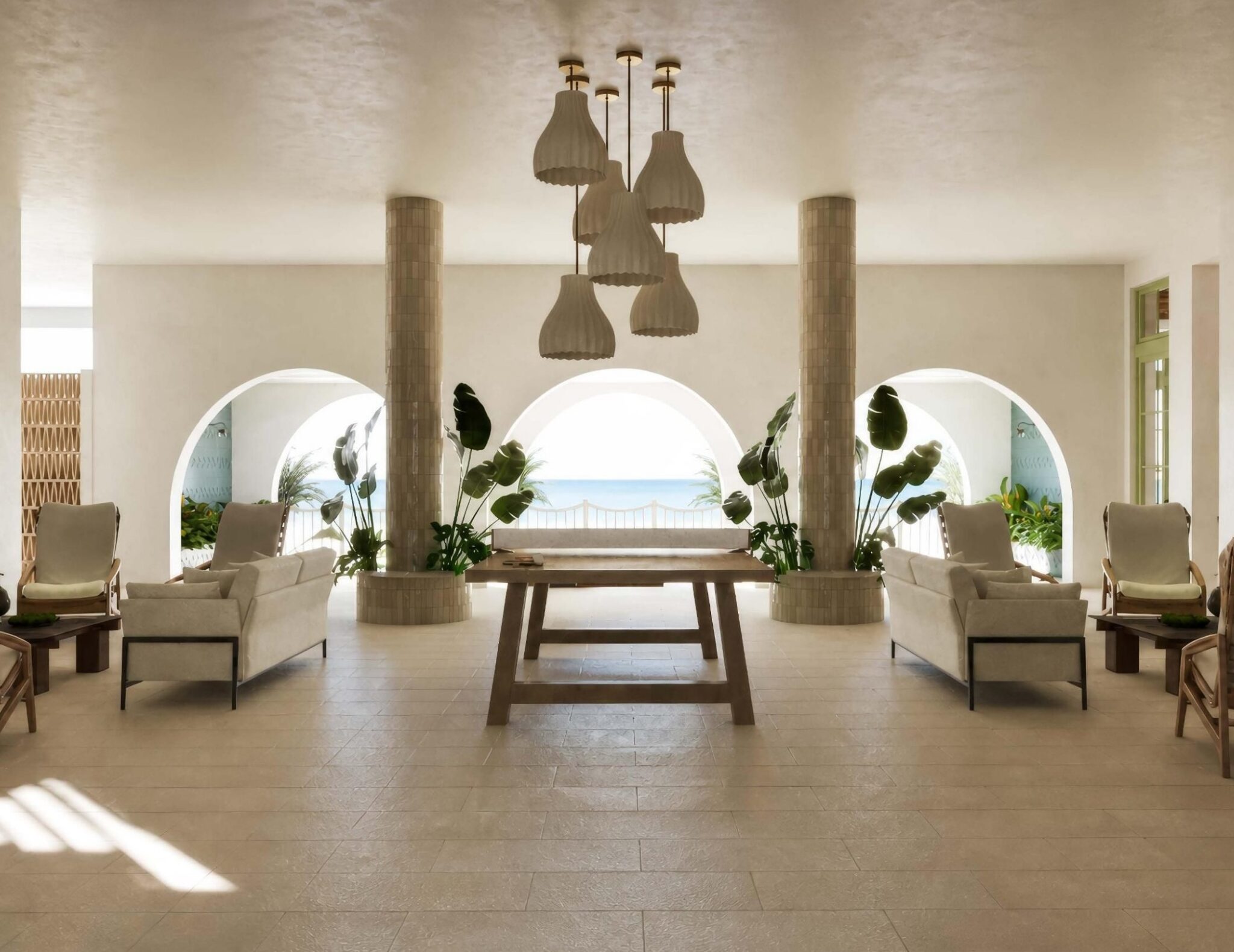 Concept rendering of the arched Gulf-side lounge at Siesta Key Beachfront, by Sagrada Studio
