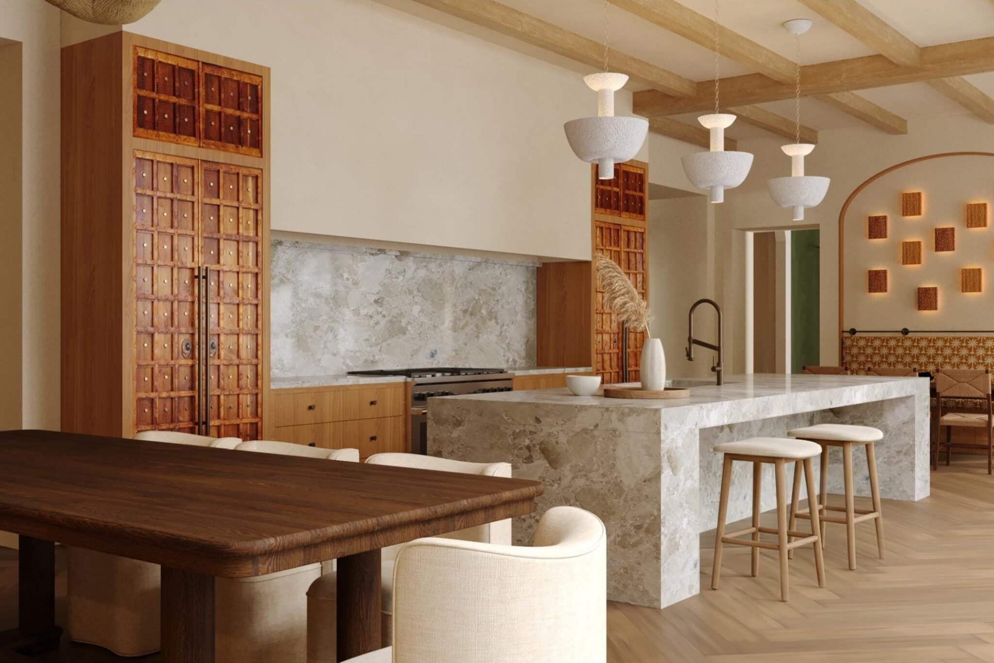 Concept rendering of the kitchen at Siesta Key Beachfront with a stone island and carved wood doors, by Sagrada Studio