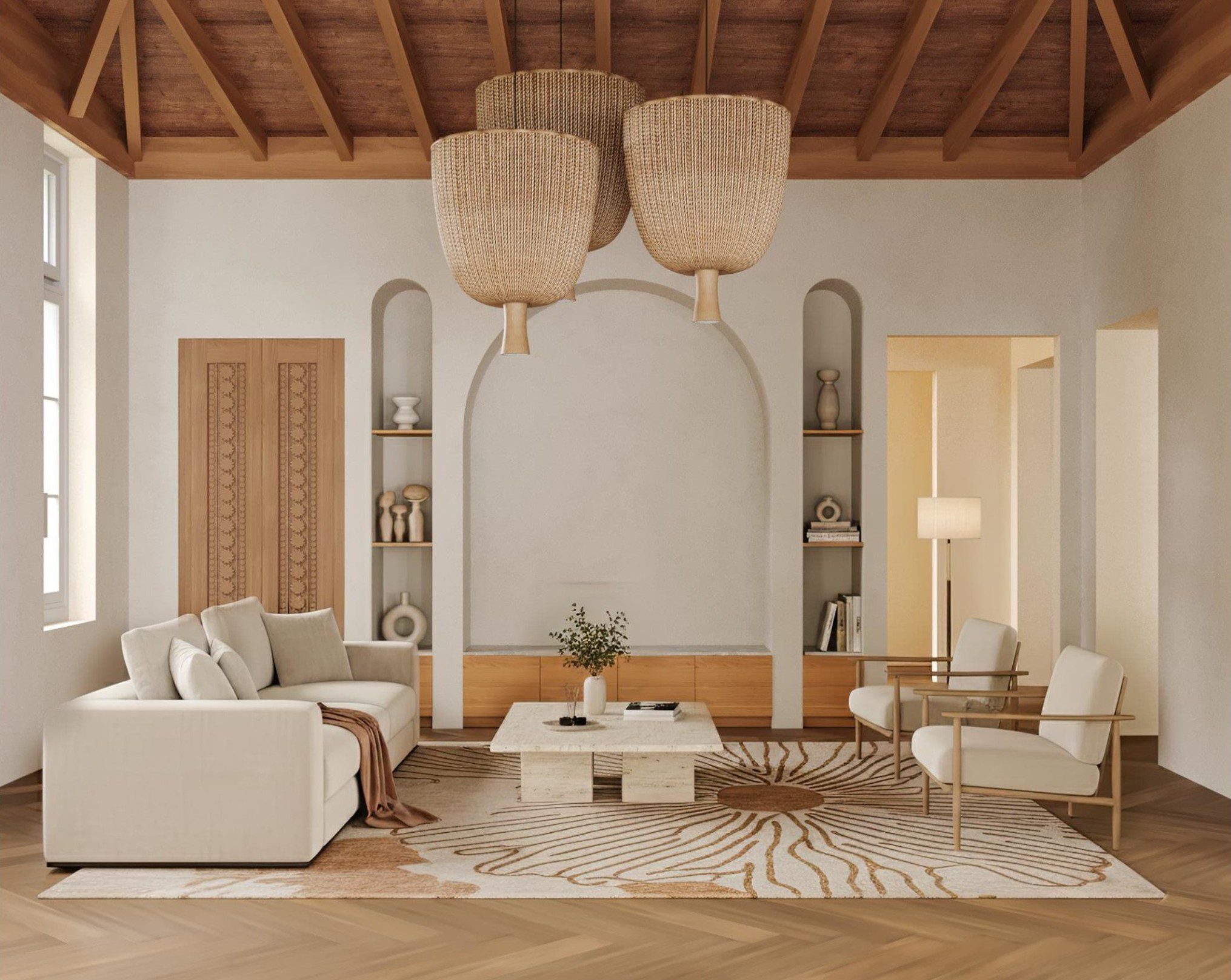 Concept rendering of the living room at Siesta Key Beachfront with a timber ceiling and woven pendants, by Sagrada Studio