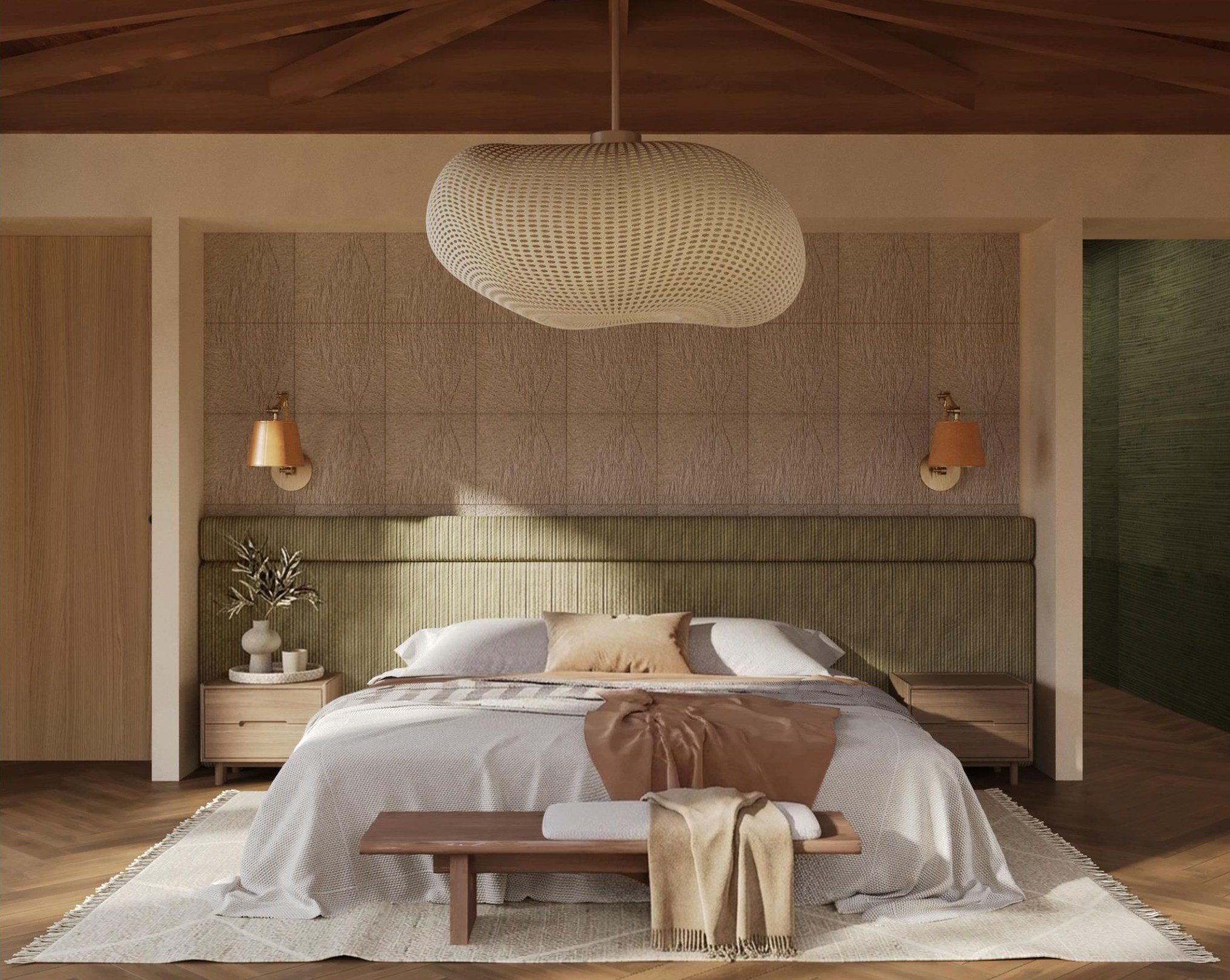 Concept rendering of the primary bedroom at Siesta Key Beachfront, by Sagrada Studio