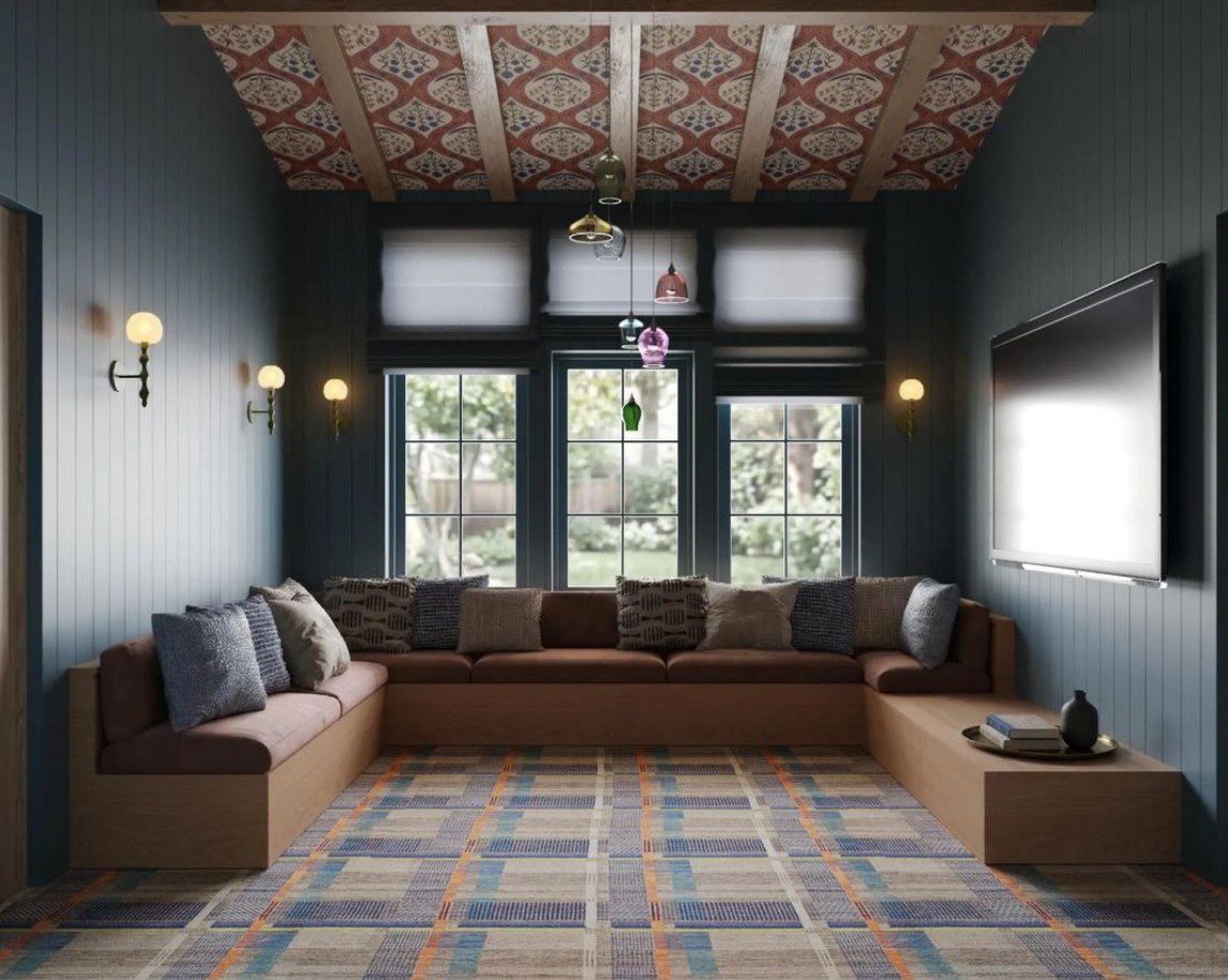Concept rendering of the TV room at Siesta Key Beachfront with a patterned ceiling, by Sagrada Studio