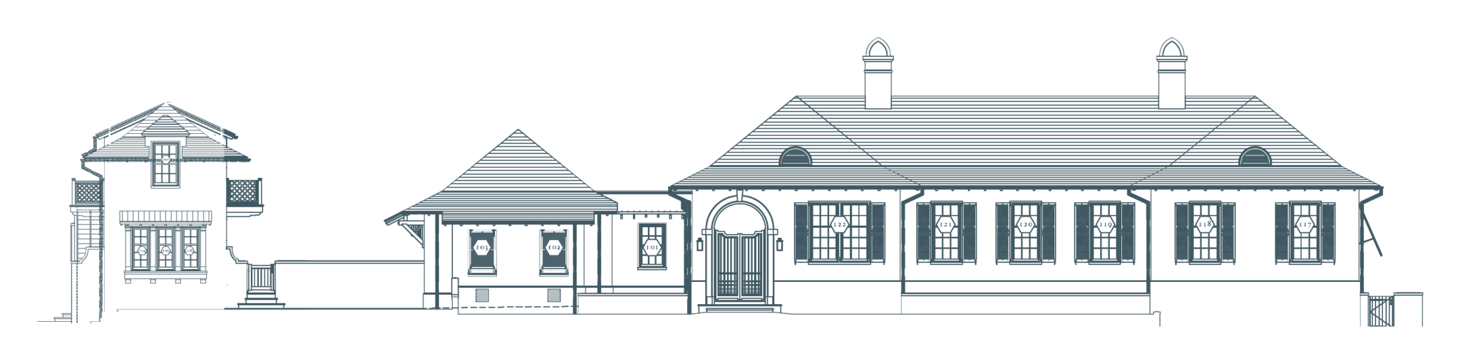 Front elevation of Snell Isle Residence, the main house with its arched entry and the two-story guest house beside it, by Buccellato Design & Architecture