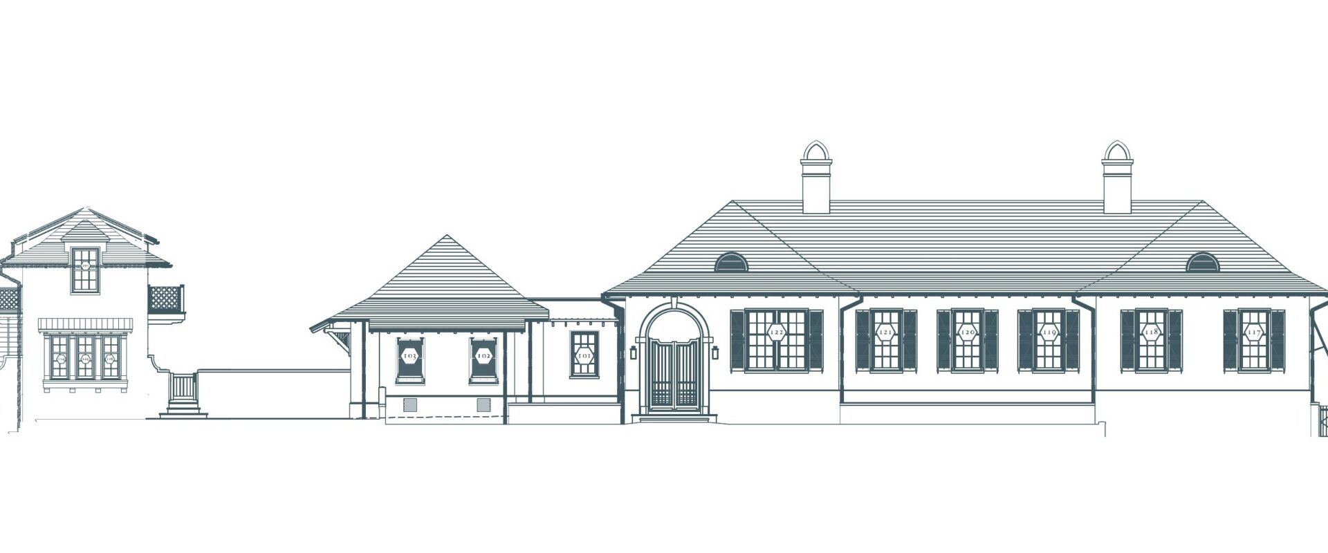Front elevation of Snell Isle Residence, the main house with its arched entry and the two-story guest house beside it, by Buccellato Design & Architecture